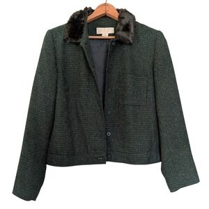 Vintage Green Tweed Blazer Faux‎ Fur Collar 12 Preppy Old Money Classic Jacket